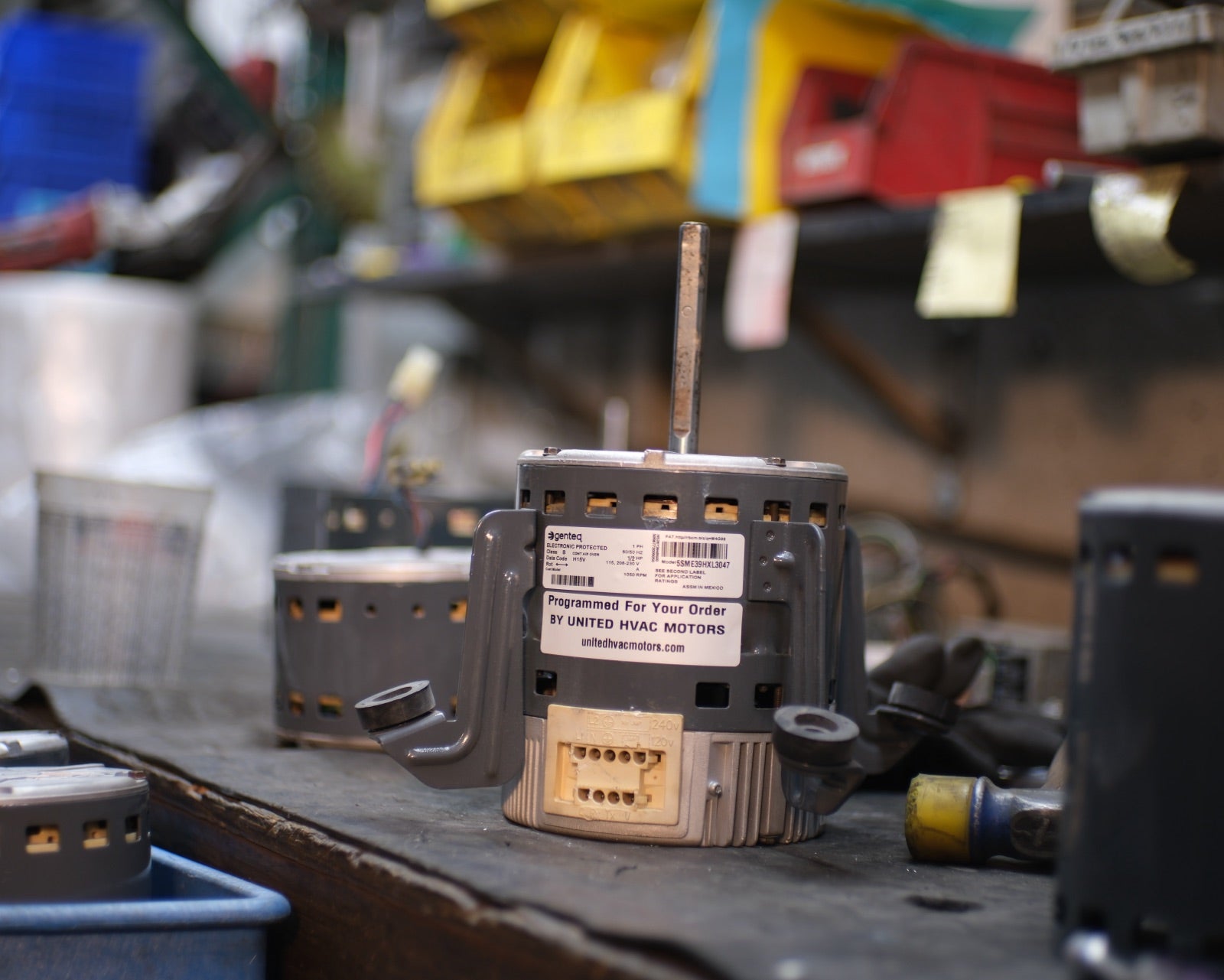 Remanufactured Genteq ECM blower motor at the United HVAC Motors shop in Tampa, Florida