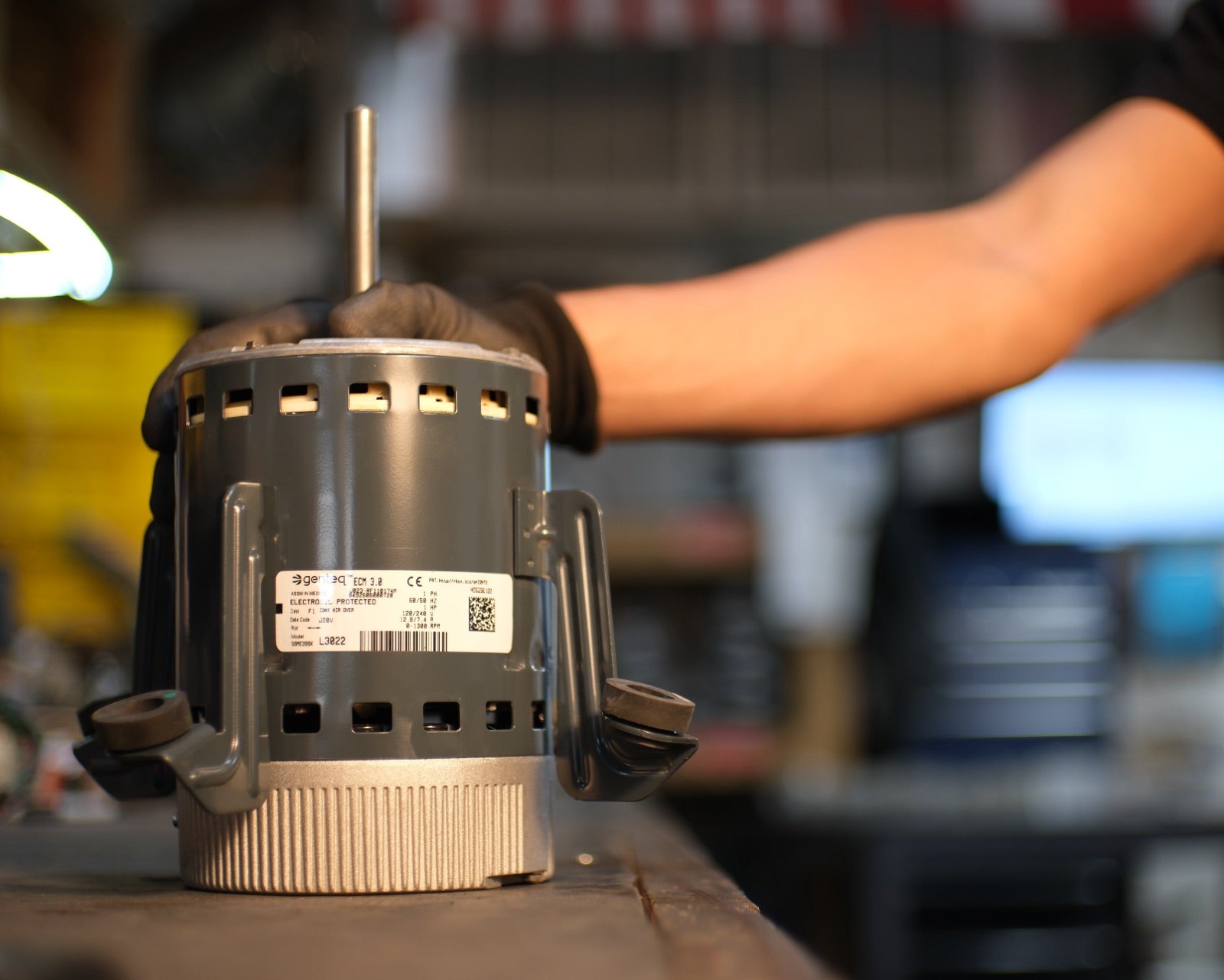 Remanufactured Genteq ECM blower motor at the United HVAC Motors shop in Tampa, Florida